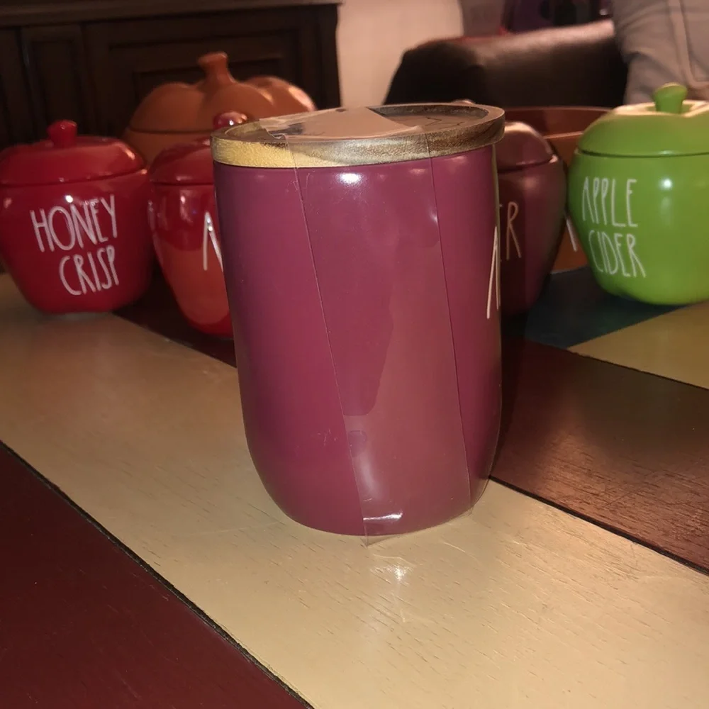 Rae Dunn AUTUMN VIBES Mug with Wood Lid/Coaster Burgundy